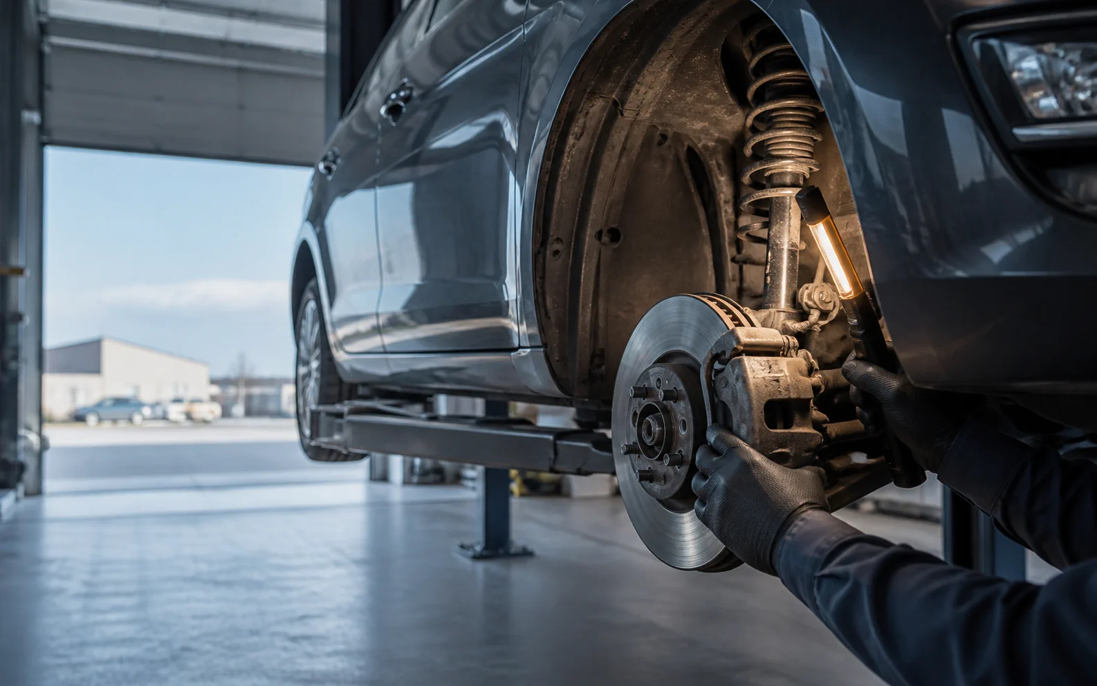 A technician inspecting the brake and suspension area of a passenger vehicle in a service bay
